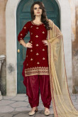 Velvet Patiala Suit In Red Color