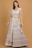 Mirror Embroidered Off-White Net A-line Lehenga for Wedding & Party