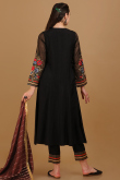 Black Embroidered Taffeta Silk Front Slit Trouser Suit