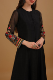 Black Embroidered Taffeta Silk Front Slit Trouser Suit