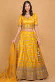 Mustard Yellow Dori Embroidered Net Panelled Lehenga for Wedding & Party