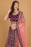Dark Purple Zari Embroidered Net Panelled Wedding Lehenga