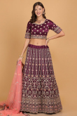 Dark Purple Zari Embroidered Net Panelled Wedding Lehenga