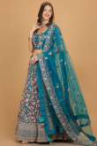 Peacock Blue Resham Thread Embroidered Net Lehenga for Wedding & Party