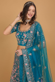 Peacock Blue Resham Thread Embroidered Net Lehenga for Wedding & Party