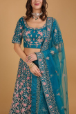 Peacock Blue Resham Thread Embroidered Net Lehenga for Wedding & Party