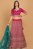 Ruby Pink Zari Embroidered Net Panelled Wedding Lehenga