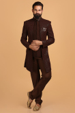 Dark Brown Georgette Embroidered Men Jacket Style Sherwani