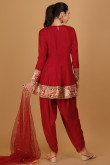Embroidered Cherry Red Soft Dupion Silk Dhoti Pant Suit 