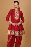 Embroidered Cherry Red Soft Dupion Silk Dhoti Pant Suit 