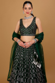 Dark Green Velvet Stone Embellished A-line Lehenga