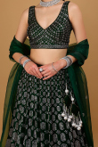 Dark Green Velvet Stone Embellished A-line Lehenga