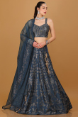 Peacock Blue Dupion Silk Stone Embellished A-line Lehenga