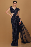 Net Dark Blue Sequins Embroidered Indo-Western Saree