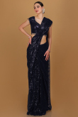 Net Dark Blue Sequins Embroidered Indo-Western Saree