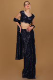 Net Dark Blue Sequins Embroidered Indo-Western Saree
