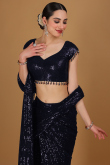 Net Dark Blue Sequins Embroidered Indo-Western Saree