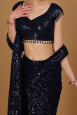 Net Dark Blue Sequins Embroidered Indo-Western Saree