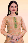 Party Wear Zari Embroidered Peach Churidar Suit in Chanderi