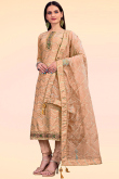Party Wear Zari Embroidered Peach Churidar Suit in Chanderi