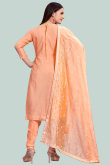 Peach Party Wear Lace Embroidered Churidar Suit in Chanderi