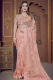Peach Embroidered Net Saree For Sangeet