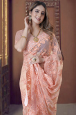 Peach Embroidered Net Saree For Sangeet