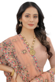 Net Saree with Thread Embroidery in Peach for Party 