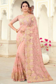 Peach Net Indian Party Wear Embroidered Saree