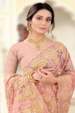 Peach Net Indian Party Wear Embroidered Saree