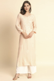 Peach Rayon Embroidered Ready Made Straight Cut Casual Wear Kurti