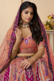 Peach Silk Blend Embroidered Flared Style Lehenga