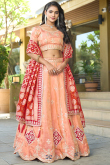 Peach Silk Blend Embroidered Panelled Style Lehenga