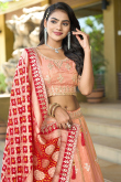 Peach Silk Blend Embroidered Panelled Style Lehenga