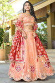 Peach Silk Blend Embroidered Panelled Style Lehenga