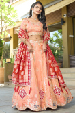 Peach Silk Blend Embroidered Panelled Style Lehenga