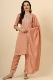 Peach Silk Embroidered Staright Cut Trouser Suit 