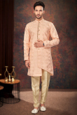 Peach Silk Foil Printed Men's Sherwani For Sangeet 
