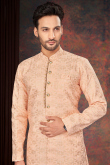Peach Silk Foil Printed Men's Sherwani For Sangeet 