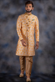 Peach Silk Woven Men Sherwani