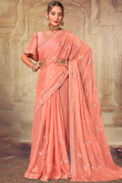 Peach Stone Embroidered Chiffon Sangeet Saree 