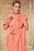 Peach Stone Embroidered Chiffon Sangeet Saree 