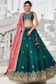 Peacock Blue A Line Tissue Embroidered Lehenga For Wedding 