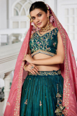 Peacock Blue A Line Tissue Embroidered Lehenga For Wedding 