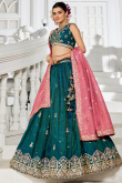 Peacock Blue A Line Tissue Embroidered Lehenga For Wedding 
