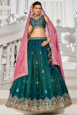 Peacock Blue A Line Tissue Embroidered Lehenga For Wedding 