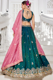 Peacock Blue A Line Tissue Embroidered Lehenga For Wedding 