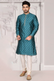 Peacock Blue Brocade Men Kurta With Churidar
