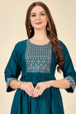 Peacock Blue Cotton Rayon Embroidered Kurti