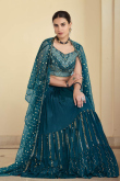 Peacock Blue Crepe Party Wear Embroidered Lehenga